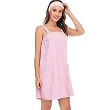 Amoin Women Bath Wrap Towel for Shower with Pocket Straps Robe & Facial Headband, Adjustable (Pink,XL)