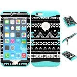 iPhone 6s Case, Wireless Fones TM Heavy Duty Hybrid Kickstand Cover Case Black and White Tribal Aztec C Snap On Over Baby Teal Skin for iPhone 6s