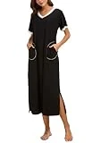 AVIIER Women Long Nightgowns Soft Lounge House Dress Short Sleeve Sleep Shirt Pockets (Black, X-Large)