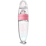 Baby Food Feeder Squeeze Weaning Spoon Bottle, Fresh Fruit Pacifier Feeder Teether, Silicone Infant Bottle Dispensing Spoon Feeding with Dust Cover (Pink)