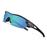 TOREGE Polarized Sports Sunglasses with 5 Interchangeable Lenes for Men Women Cycling Running Driving Fishing Golf Baseball Glasses TR002 (Black&Ice Blue Lens)