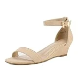 DREAM PAIRS Women's Ingrid Nude Suede Ankle Strap Low Wedge Sandals Size 9 M US