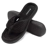 CIOR Fantiny Women's Cozy Memory Foam Spa Thong Flip Flops House Indoor Slippers Plush Gridding Velvet Lining Clog Style-U1MTW017-Black -42-43