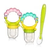 Baby Pacifier and Fresh Fruit, Food Feeder (2) Pack, All-in-One Soothing Massage Teething Toy, Provides Gum Relief for Babies & Toddlers BPA-Free, 100% Silicone Bonus Includes: Soft Feeding Utensil