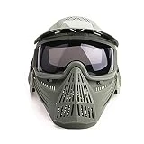 Paintball Mask Airsoft Masks Full Face Tactical Protection Gear with Grey Glasses for Halloween BBS CS Game Costume Accessories Motocross Skiing Green & GreyLens