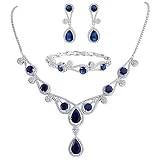 EVER FAITH Women's CZ Lots Hollow-Out Teardrop Necklace Earrings Bracelet Set Blue Silver-Tone