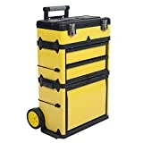 Stackable Toolbox Rolling Mobile Organizer with Telescopic Comfort Grip Handle – Upright Rigid Pack Out Cart with Wheels and Drawers by Stalwart
