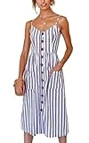 Angashion Women's Dresses-Summer Floral Bohemian Spaghetti Strap Button Down Swing Midi Dress with Pockets Blue Striped L