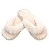 JOINFREE Women's Fleece Lined Slippers Spa Thong Flip Flops House Indoor Shoes Beige 7.5/8.5 M US