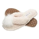 Jessica Simpson Women's Fluffy Pom Pom Thong House Slide On Slippers With Memory Foam,Ivory Slipper,MD