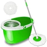 VALUEBOX 360° Spin Bucket System Mop with Extended Length Handle Stainless Steel Basket 2 Microfiber Mop Heads (Green)