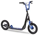 Mongoose Expo Scooter, Featuring Front and Rear Caliper Brakes and Rear Axle Pegs with 12-Inch Inflatable Wheels, Black/Blue