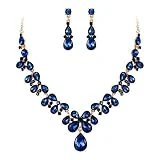 BriLove Wedding Bridal Necklace Earrings Jewelry Set for Women Crystal Teardrop Cluster Statement Necklace Dangle Earrings Jewelry Set Navy Blue Sapphire Color Gold-Toned