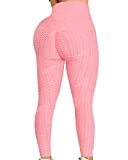 FITTOO Women's High Waisted Honeycomb Ruched Butt Scrunched Booty Leggings Workout Running Lift Textured Tights Pink Small