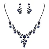EVER FAITH Austrian Crystal Wedding Ball Flower Leaf Necklace Earrings Set Blue Black-Tone