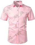 ZEROYAA Mens Hipster Gold Rose Printed Slim Fit Short Sleeve Button Down Dress Shirts ZZCL41 Pink Large