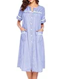 Ekouaer Women's Striped Sleepwear Button Down Duster Short Sleeve House Dress Nightgown S-XXL (Blue, Small)
