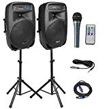 Knox Dual 15' Speakers, 600 Watt - 8 Piece Portable PA System - Microphone, Tripods, Remote Control - Bluetooth, USB, SD Card, RCA and 1/4' Inputs - Colorful LED Lights