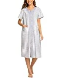 Ekouaer Zipper House Dresses Long Sleepwear Cotton Nightgowns Short Sleeve Housecoat with Pockets for Women (L, White)