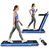 Goplus 2 in 1 Folding Treadmill, 2.25HP Under Desk Electric Treadmill, Installation-Free, with Bluetooth Speaker, Remote Control and LED Display, Walking Jogging Machine for Home/Office Use (Blue)