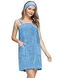 Zexxxy Women's Robes Spa Shower Body Wraps with Straps&Headband Towel Dress Light Blue L