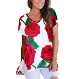 〓COOlCCI〓Women's Plus Size Short Sleeve T-Shirt Blouse Tops Casual Round Neck Rose Print Loose Tunic Tops