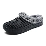 QISHENG Men's Women Mules Clogs Slip On Garden Shoes Fur Lined Slides Flip Flops Warm Winter Slipper Black