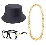 80s/90s Hip Hop Costume Kit- Cotton Bucket Hat,Big Chunky Miami Cuban Chain Necklace,80's Gazelle Vintage Glasses (XL) Black