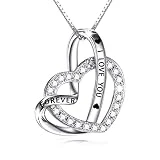 Cuoka Sterling Silver Double Heart Necklace Engraved I Love You Forever Pendant Gift for Her CZ Jewelry I Love You Mom Necklace (A-I Love You Forever Necklace)