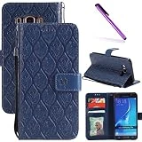Samsung J7 2016 Case LEECOCO Embossed Floral Wallet Case with Card Cash Holder Slots Wrist Strap [Kickstand] Premium PU Leather Flip Slim Case Cover for Samsung Galaxy J7 2016 J710 Rattan Dark Blue