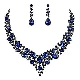 BriLove Wedding Bridal Necklace Earrings Jewelry Set for Women Austrian Crystal Teardrop Cluster Statement Necklace Earrings Set Navy Blue Sapphire Color Black-Silver-Tone