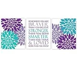 Girl Nursery Wall Art Purple Lavender Teal Aqua Turquoise Flower Burst Dahlia Mums Remember You Are Braver Baby Nursery Decor 3 UNFRAMED PRINTS