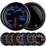 GlowShift Tinted 7 Color 300 F Water Coolant Temperature Gauge Kit - Includes Electronic Sensor - Black Dial - Smoked Lens - For Car & Truck - 2-1/16'