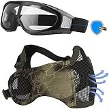 LAOSGE Airsoft Mask with Goggles, Foldable Half Face Airsoft Mesh Mask with Ear Protection, Military Tactical Lower Face Protective Mask (Green Snake)