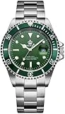 Mens Luxury Watches Rotatable Bezel Mineral Glass Luminous Hand Quartz Silver Tone Stainless Steel Watch (Green)