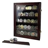 Indeep Military Challenge Coin Display Case Cabinet Rack Holder Shadow Box with Glass Door (Mahogany Finish)