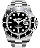 LOREO Mens Silver Stainless Steel Sapphire Glass Black Rotating Bezel Men's Automatic Watch (Black dial with Silver Stainless Steel Band)
