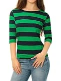 Allegra K Women's Elbow Sleeves Striped T-Shirt Top Casual Basic Boat Neck Slim Fit Half Sleeve Stripes Tee Pullover M Dark Green