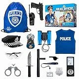 Police Officer Role Play Kit - 15 Piece Policeman Pretend Play Set - Hat Vest Badge Handcuffs Binoculars - Cop Costume Accessories - Detective, Swat Gear for Kids Dress Up - Bag for Halloween Included