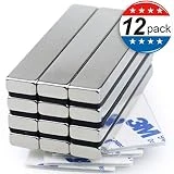 Strong Neodymium Bar Magnets with Double-Sided Adhesive, Rare-Earth Metal Neodymium Magnet - 60 x 10 x 5 mm, Pack of 12