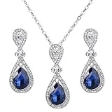 BriLove Wedding Bridal Necklace Earrings Jewelry Set Elegant Crystal Teardrop Pendant Necklace Dangle Earrings Set Navy Blue Sapphire Color Silver-Tone
