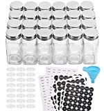 Aozita 24 Pcs Glass Spice Jars/Bottles - 4oz Empty Square Spice Containers with 612 Spice Labels - Shaker Lids and Airtight Metal Caps - Silicone Collapsible Funnel Included