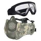 Aoutacc Airsoft Protective Gear Set, Half Face Mesh Masks with Ear Protection and Goggles Set for CS/Hunting/Paintball/Shooting (ACU)