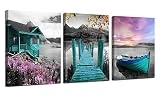 Ardemy Canvas Wall Art Landscape Lake Painting Cabin Teal Purple Sail Boat Pictures Framed Modern Cottage Artwork for Living Room Bedroom Bathroom Kitchen Wall Decor, 12'x16'x3 Panels