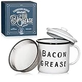 Golden Hills Mercantile Bacon Grease Container with mesh strainer - rustic mid-century modern farmhouse design, white enamel on metal, 4 inch x 4 inch vintage enamelware with lid (Black)