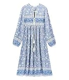 R.Vivimos Women's Long Sleeve Floral Print Retro V Neck Tassel Bohemian Midi Dresses (2XL, Light Blue)