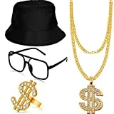 Hip Hop Costume Kit Bucket Hat Sunglasses Gold Chain Ring 80s/90s Rapper Accessories (Dollar Sign Set)