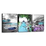 3 Pieces Canvas Wall Art for Living Room – Black and White Landscape Ocean Beach Painting Purple Flower Teal Blue Sail Boat Nature Pictures Modern Artwork for Bedroom Bathroom Kitchen Wall Décor