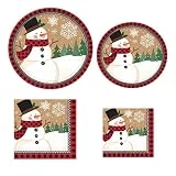 Snowman in a Winter Wonderland with Buffalo Plaid Border: Christmas Holiday Bundle Includes 16 Dinner Plates, 8 Dessert Plates, 16 Luncheon Napkins and 16 Beverage Napkins