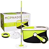 MOPNADO - Deluxe Stainless Steel Rolling Spin Mop System with 2 Replacement Microfiber Mop Heads and Brush Attachment - Walkable with Wheels - Perfect For All Floor Types - Home and Commercial Use